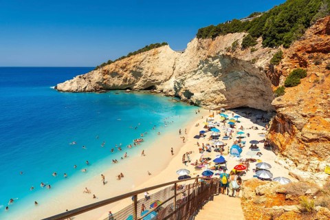 Stairs leading to Porto Katsiki beach on Lefkada island in summer