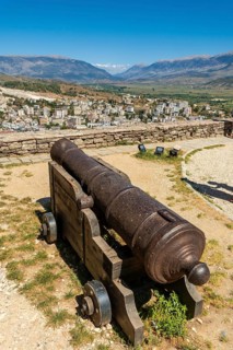 Cannon outside the fortress of the Ottoman castle of Gjirokaster or Gjirokastra. Albanian