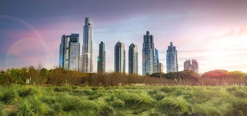 Panoramic view of Puerto Mader skyline located in Buenos Aires at sunset