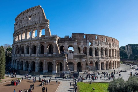 View from slightly elevated position on historic arena Colosseum in ancient centre of Rome
