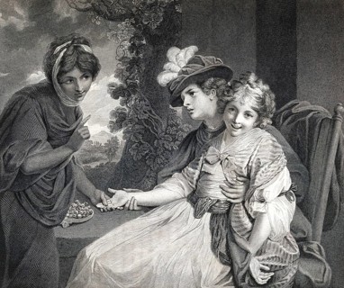 A fortune teller reads the hand of a woman with a little girl on her lap
