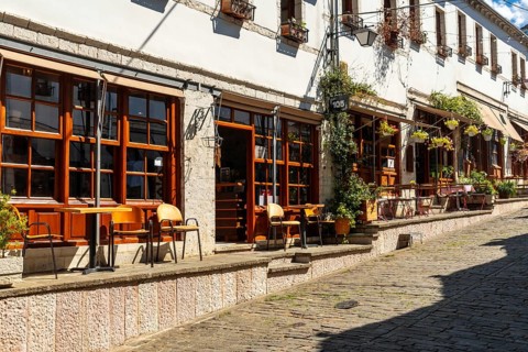 Restaurant area in the city of Gjirokaster or Gjirokastra. Albanian
