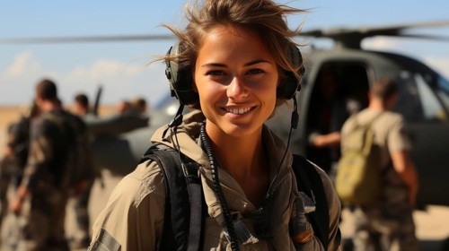 Female military helicopter pilot standing near her aircraft