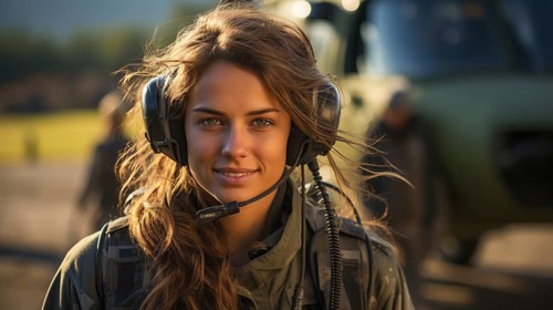 Female military helicopter pilot standing near her aircraft