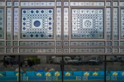 Decorative glass facade and lounge of the Arab World Institute