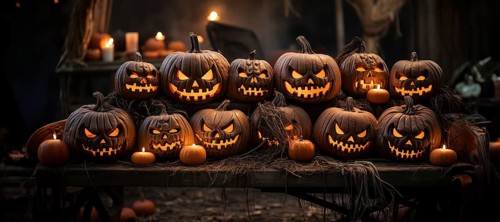 Spooky and fun collection of dozens of halloween carved pumpkins outside on hallows eve
