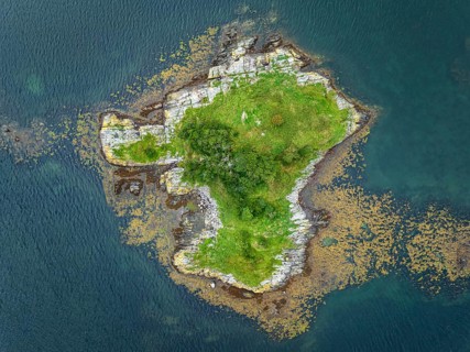Aerial view of a tree island in Loch Sunart