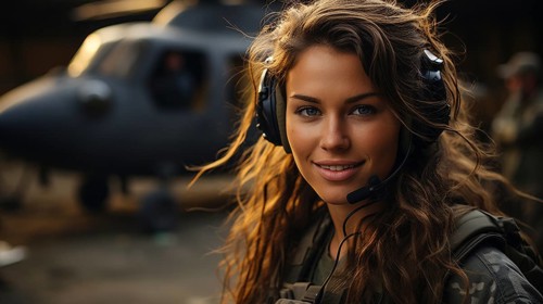 Female military helicopter pilot standing near her aircraft