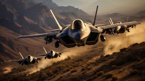 A lockheed martin F-35 fighter jet sqadron in formation