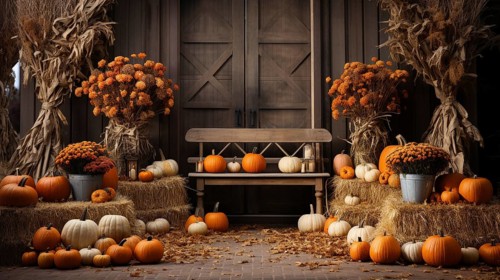 Fall and autumn beautifully decorated barn sitting area with pumpkins