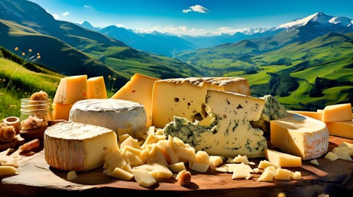 A selection of different cheeses lie on a thick wooden board with a mountain landscape in the background