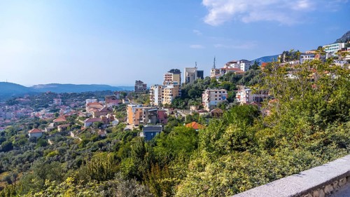 Panoramic view of the city from Kruje Castle and its fortress with walls. Albania