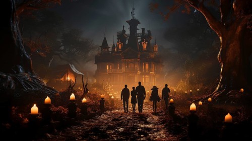 Silhouette of several people walking down the lantern lit walkway on halloween night toward a spooky house