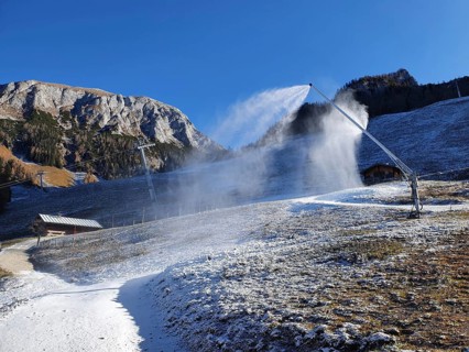 Artificial snow machines in operation in late autumn at the Jenner middle station in the Berchtesgaden National Park