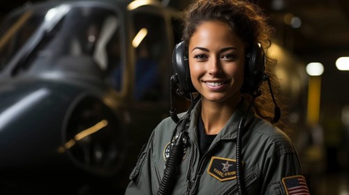 Female african american military helicopter pilot standing near her aircraft