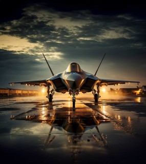 A lockheed martin F-35 fighter jet waiting on the runway