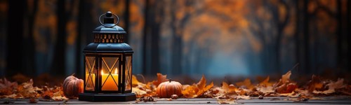 Warm and inviting lit vintage lantern resting on wood planks base outdoors in a fall setting