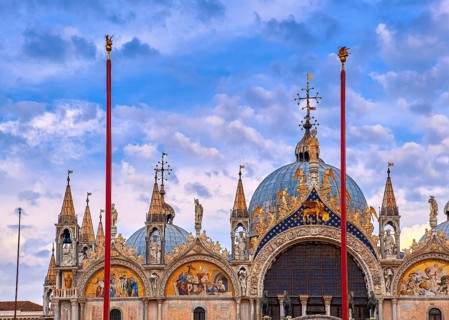 Close-up view of frontal or main facade of St Mark's or San Marco cathedral in Venice. Italy. UNESCO World Heritage city