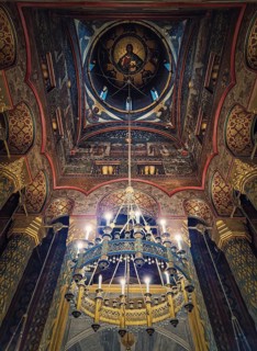 Interior architectural details of the Curtea de Arges monastery. The hall with tall columns