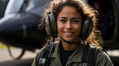 Female african american military helicopter pilot standing near her aircraft