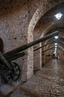 Interiors with the cannons of the fortress of the Ottoman castle of Gjirokaster or Gjirokastra. Albanian