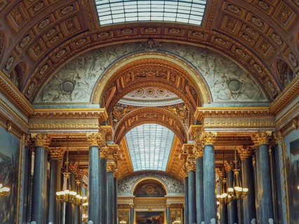 Beautiful architectural details of the Gallery of Great Battles in the palace of Versailles