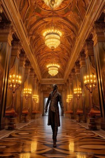 The Legendary Phantom of the Opera walking in the great gallery of the Paris Opera