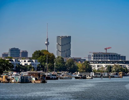 Panoramic view from the Spree towards Treptow and Berlin City East
