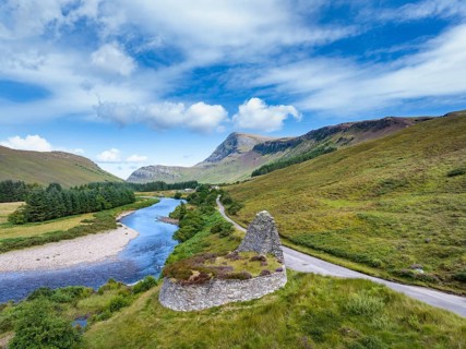 Aerial view of Dun Dornaigil Broch near Alltnacaillich in the Scottish Highlands