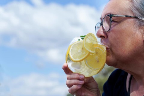 Woman seen in profile drinking a glass of gin and tonic with lemon slices and mint leaves with a blue sky with clouds in the background