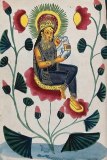 A goddess on a flowering plant holding a baby elephant