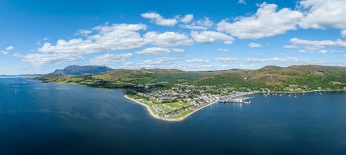 Aerial panorama of Loch Broom with the harbour town of Ullapool in the Northwest Highlands