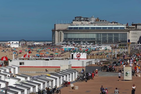 Beach and Albert I Promenade with many people in summer