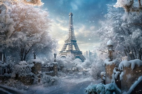 Eiffel Tower under snow in the winter