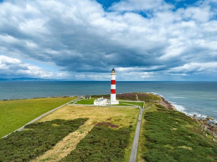 Aerial view of Tarbat Ness Lighthouse on the Moray Firth