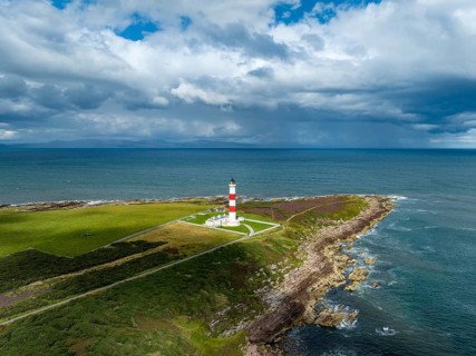Aerial view of Tarbat Ness Lighthouse on the Moray Firth