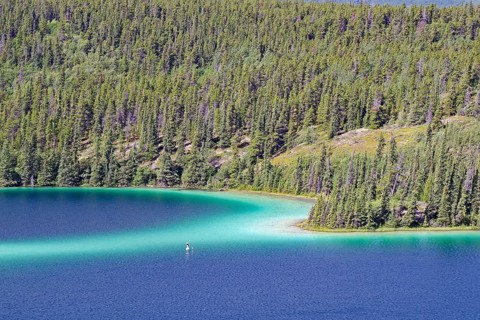 Transparent clear lake with green water colour