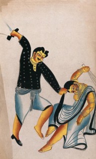 Domestic violence: A man holds his woman by the hair and wants to hit her with a shoe while she tries to fight back with a broom. Watercolour drawing. Husband and woman. Domestic violence. Anger. Wife...