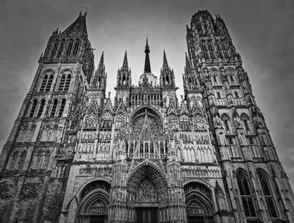 Outdoor facade view of Notre Dame de Rouen Cathedral in the Normandy