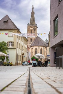 Historic church tower in town