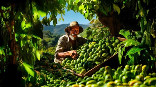 A farmer harvests avocados