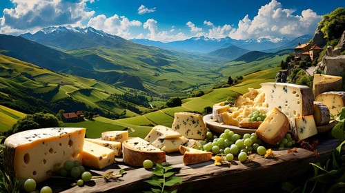 A selection of different cheeses lying on a wooden beam