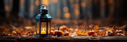 Warm and inviting lit vintage lantern resting on wood planks base outdoors in a fall setting