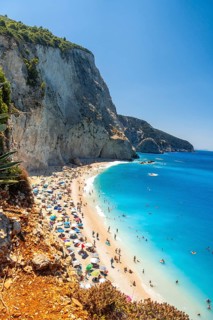 Panoramic view from above of Porto Katsiki beach on Lefkada island in summer