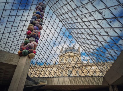 Underneath the Louvre glass pyramid. Beautiful architectural details with an abstract mixture of classical and modern architecture styles
