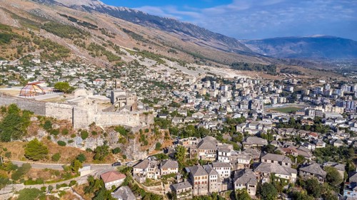 Aerial view of the old castle and fortress in the city of Gjirokaster or Gjirokastra