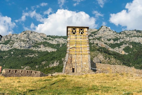 Tower of Kruja on top of Kruje Castle and its fortress with walls. Albania