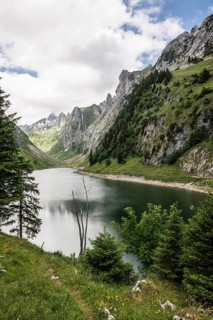 Steep mountains and lake