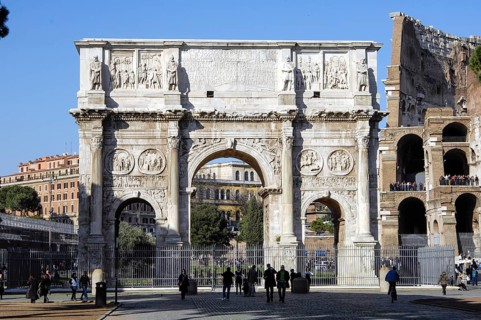 Frontal view of Arch of Constantine Triumphal Arch of Emperor Constantine with few people tourists
