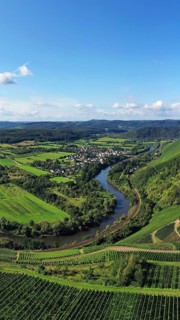 Wiltinger Saarbogen. The river winds through the valley and is surrounded by vineyards and green forests. Kanzem